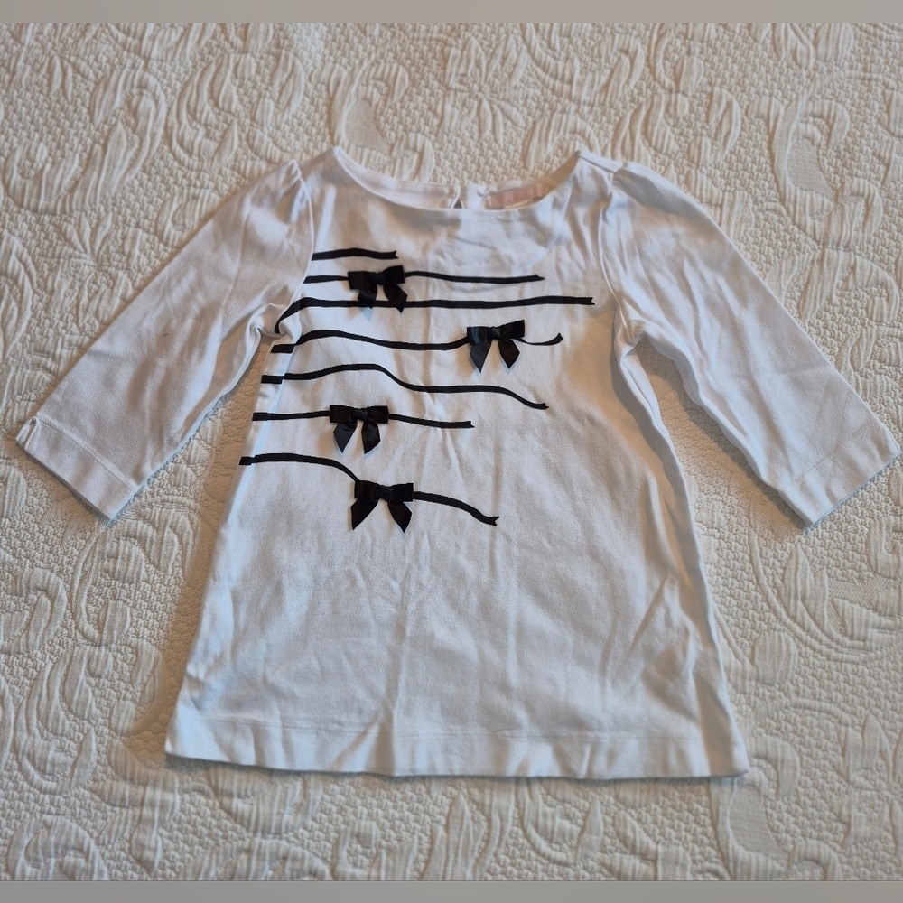 Janie and Jack girls size 5 white 3/4 sleeve shirt with black bow design VGUC